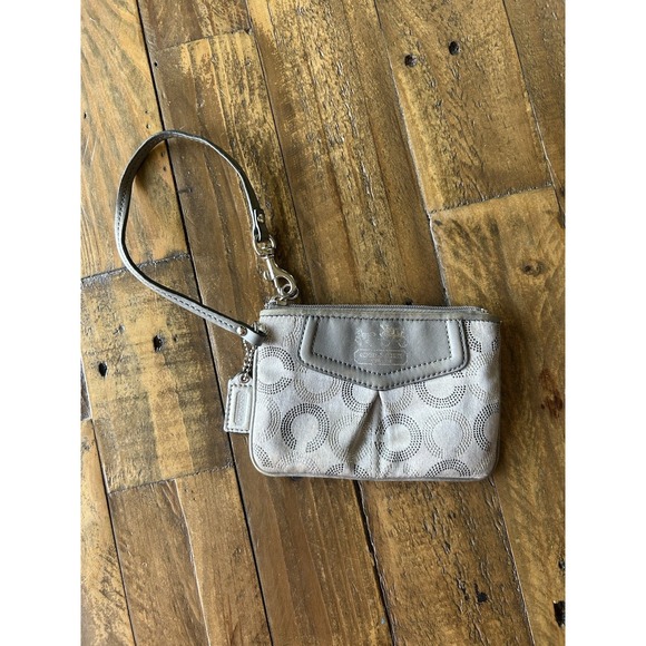 Coach Handbags - Coach Gray Signature C Wristlet Wallet Silver Monogram Zip Pouch